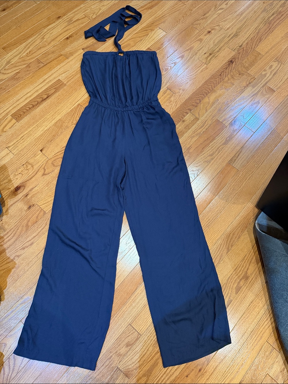 Mixology NYC Strapless Navy Wide Leg Jumpsuit with Halter Tie, Size M